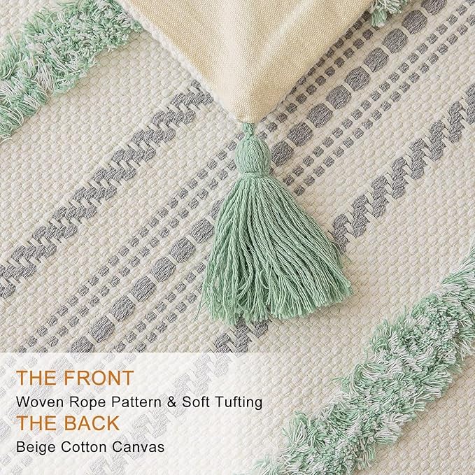 Boho Throw Pillow Covers 20x20 Set of 2 Woven Tufted Farmhouse Pillows Cover with Tassels Textured Striped Cushion Case Neutral Pillow Cases Decorative Pillowcase for Couch, Bed, Light Green