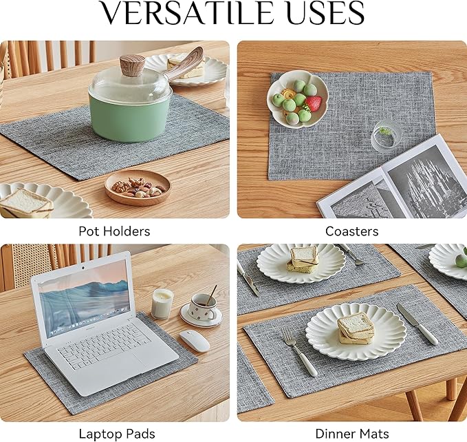 Softalker Faux Linen Placemats Set of 6-12 x 18 Inch, Heat Resistant Double Layered Durable Burlap Farmhouse Place Mats, Non-Slip Washable Rustic Table Mats for Dining, Kitchen, Party(Light Grey
