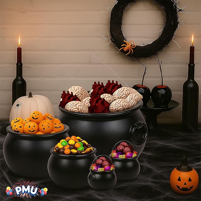 PMU 5pc- (22",16",12", 8",6") Halloween Cauldron Pot Kettle, Black Plastic Witch Cauldron, Halloween Party Candy Holder, Indoor & Outdoor Decorations