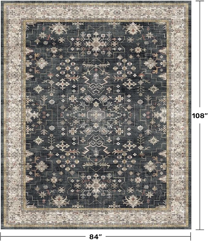 Boho Dining Room Rugs for Under Table - 7x9 Washable Black Area Rug for Living Room, Low Pile Non-Slip Rugs for Bedroom Under Bed - Charming Farmhouse Decor & Stain Resistance - Black/Multi