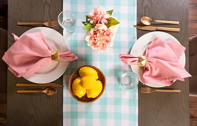 DII Heavyweight Fringed Check Tabletop Collection, Table Runner, 14x72, Aqua