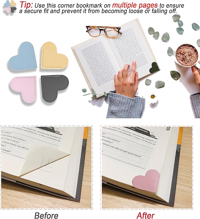 18 PCS Leather Bookmarks for Women with Heart Shape, Cute Corner Bookmark, Book Accessories for Reading Lovers, Book Markers for Women, Bookmarks for Book Lovers by HNQCPCVU (18PCS Heart)