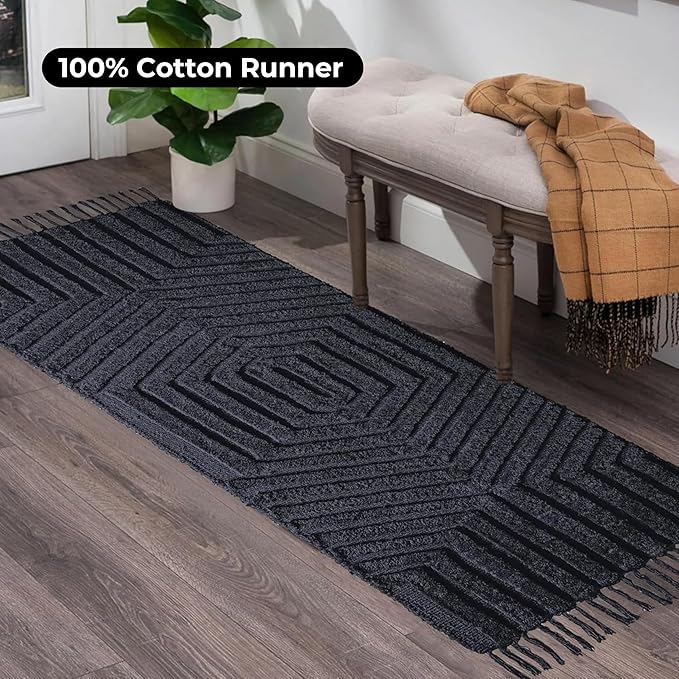 Boho Runner Rug 2x6' Washable Kitchen Rugs with Tassels Indoor Farmhouse Rugs for Bedroom Aesthetic Tufted Rug for Laundry Room Doorway Living Room_Dark Grey