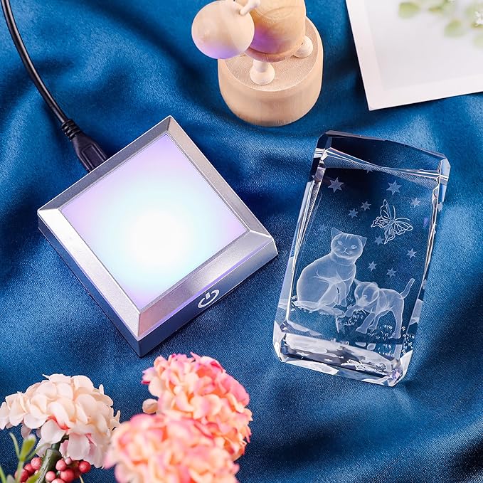 Crystal 3D Cats with Butterfly Figurine - Cat Themed Gifts for Women & Men - Glass Keepsake Ornaments with Colorful LED Light - Birthday Gifts for Friends