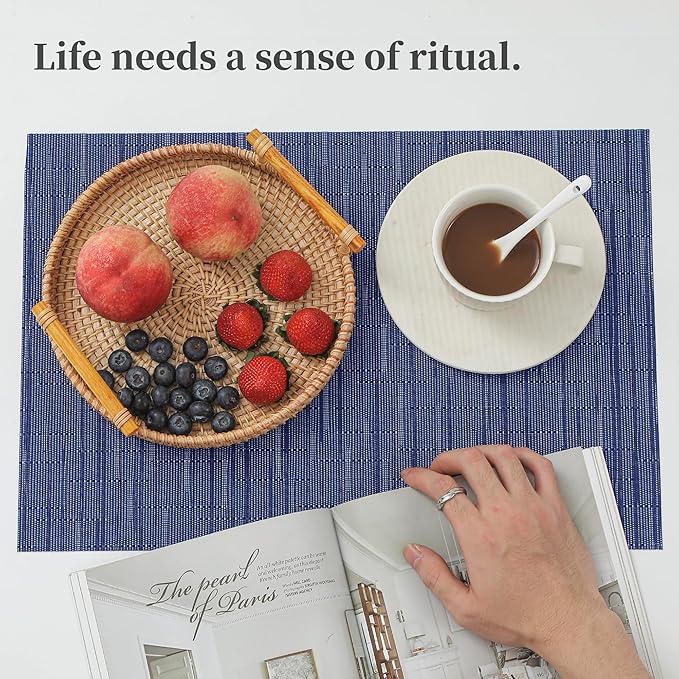 Leetaltree Blue Placemats Set of 6 - Heat Resistant Non-Slip Place mats for Dining Table, Washable Durable PVC Vinyl Woven Table Mats(Blue, 6)