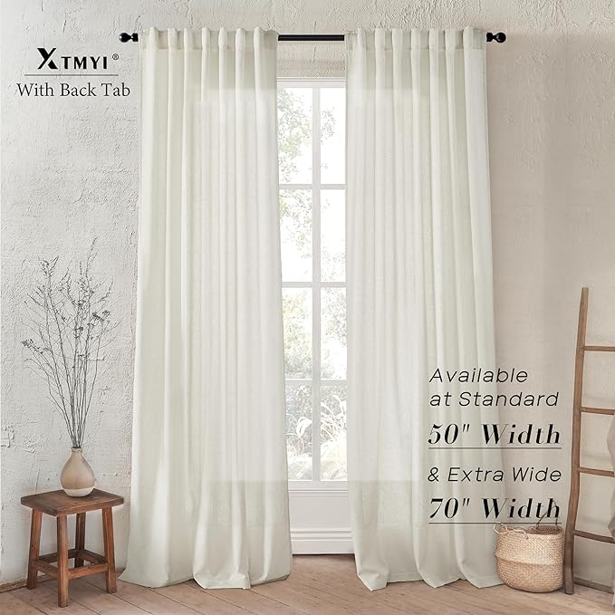 XTMYI Linen Drapes 94 Inch Curtains Length 2 Panels Set Back Tab Sheer Window Curtains Living Room Bedroom,50x94 in Long,Cream(Ivory/Off White)