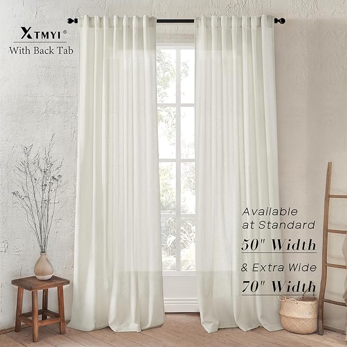 XTMYI 95 Inch Length Curtains 2 Panels Set Back Tab Linen Window Sheer Curtain Drapes for Living Room Bedroom,50x95 in Long,Cream(Ivory/Off White)