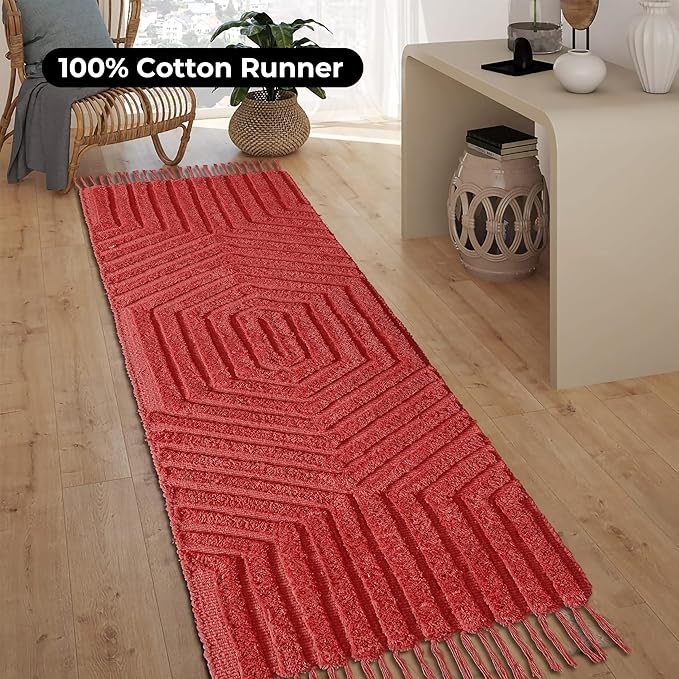Boho Runner Rug 2x6' Washable Kitchen Rugs with Tassels Indoor Farmhouse Rugs for Bedroom Aesthetic Tufted Rug for Laundry Room Doorway Living Room_Rust Bricks