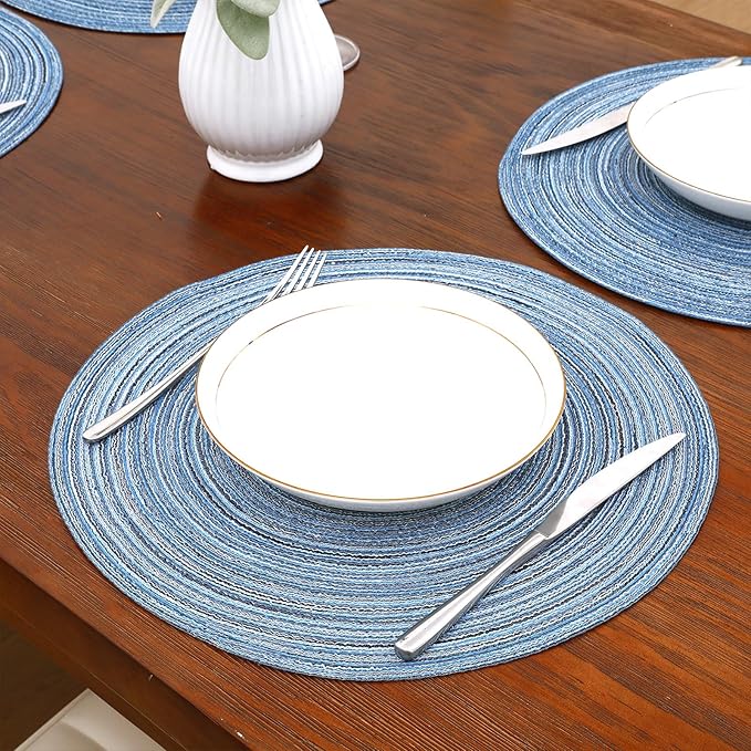 SHACOS Round Braided Placemats Set of 4 Dining Table Placemats 15 inch Circle Place Mats Easy to Clean Table Mats Indoor Outdoor, Blue Gray