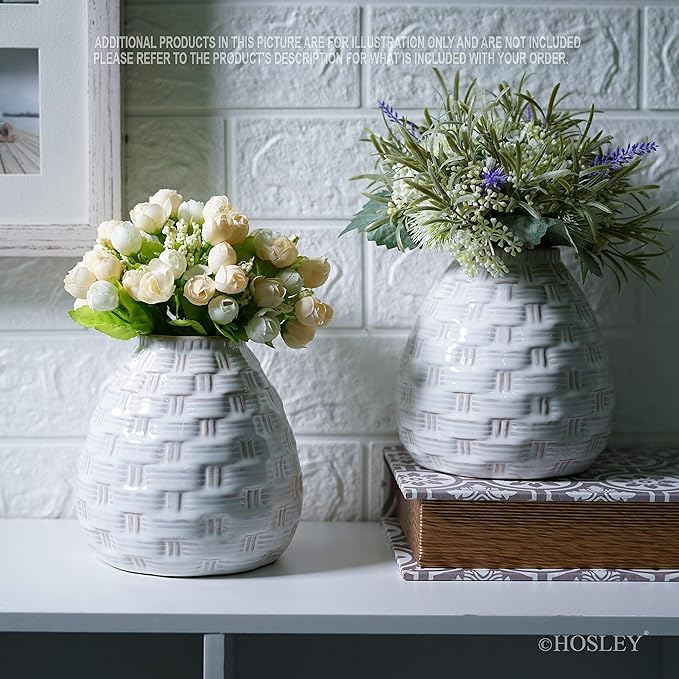 Hosley Set of 2 White Weave Ceramic Vases 5.75 Inch High. Ideal Gift for Home Weddings Party Spa Meditation Home Office Reiki Meditation Floral Arrangements W5