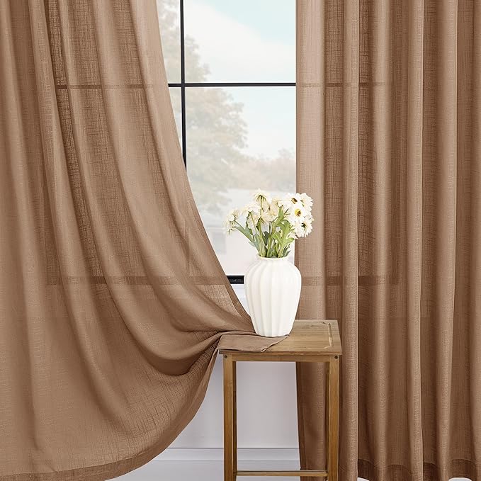 Brown Curtains for Living Room Back Tab Modern Farmhouse Semi Sheer Curtains 84 inches Long 2 Panels Set Muted Neutral Window Curtain for Dining Room Bedroom 52x84