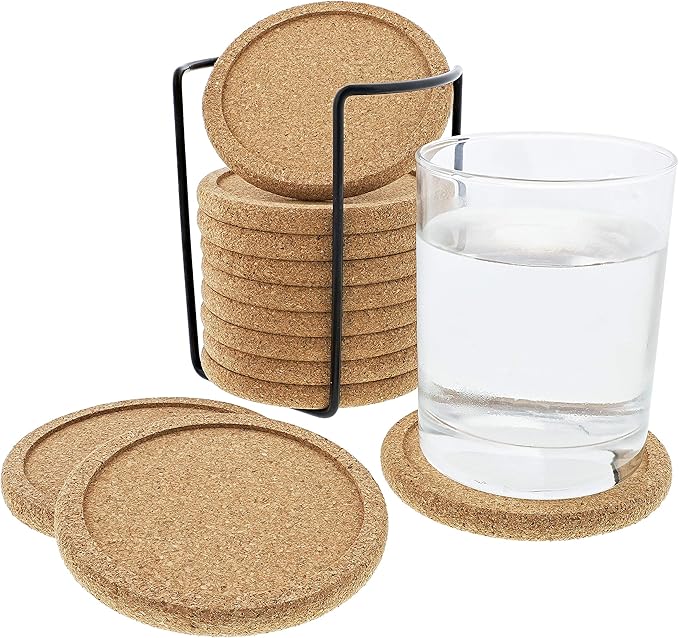 Cork Coasters with Lip for Drinks Absorbent | 12 Set 4 Inch Thick Rustic Saucer with Metal Holder Heat & Water Resistant | Best Reusable Natural Round Coasters for Bar Glass Cup Table