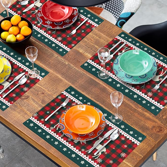Christmas Elk Snowflakes Placemats Set of 4 for Dining Table,Xmas Reindeer Red Green Buffalo Plaid Washable Table Mats Placemats for Winter Kitchen Holiday Coffee Place Mat 18 x12 Inch