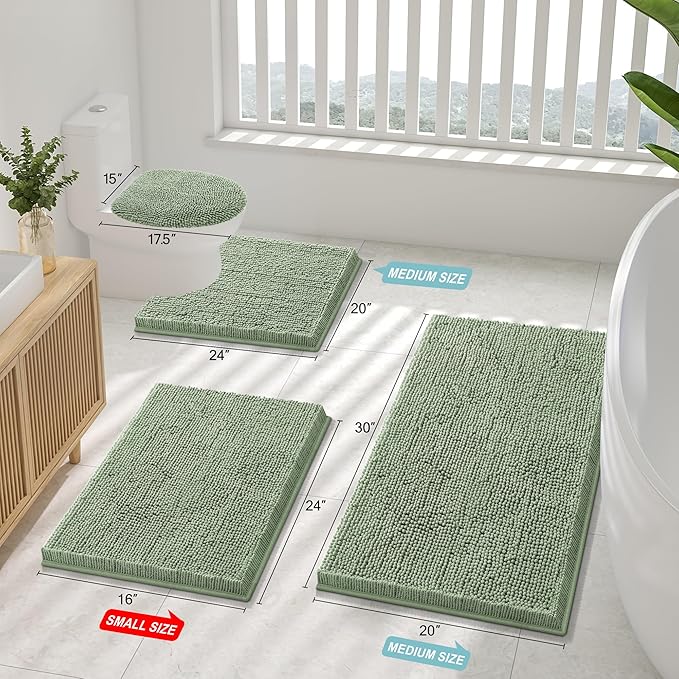 Smiry Luxury Chenille Bathroom Rugs 30x20, Extra Soft and Absorbent Shaggy Bath Mat, Machine Washable, Non-Slip Plush Carpet Runner for Tub, Shower, and Floor, Home Decor Accessories, Sage Green