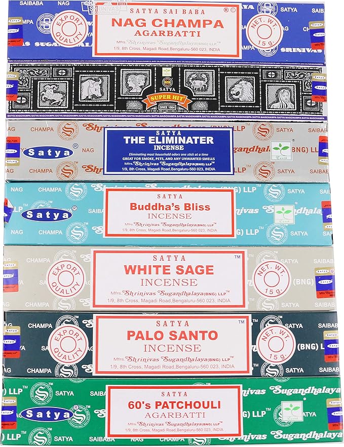 Satya Incense Sticks Gift Set, 7 Scents, Nag Champa, Super Hit, Dragon's Blood, Sandalwood, Patchouli, Lavender, Positive Vibes, 15g Each (Smudge)