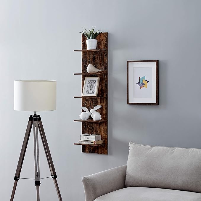 Danya B. Narrow Decorative Wall Mount Vertical Shelving Unit – Modern Column with 5 Shelves Home or Office for Books, Décor Display (Pine)