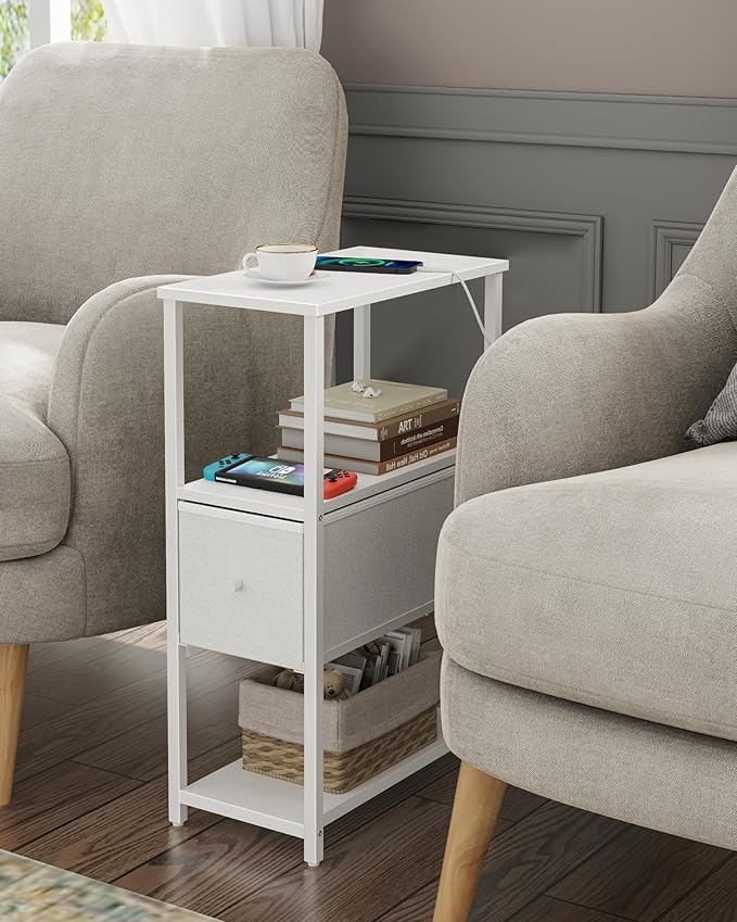 TUTOTAK Set of 2 Small Narrow End Table, Side Table, Nightstand with Cloth Drawer, Couch Table, for Living Room, Bedroom, Bedside, White TB01BW057