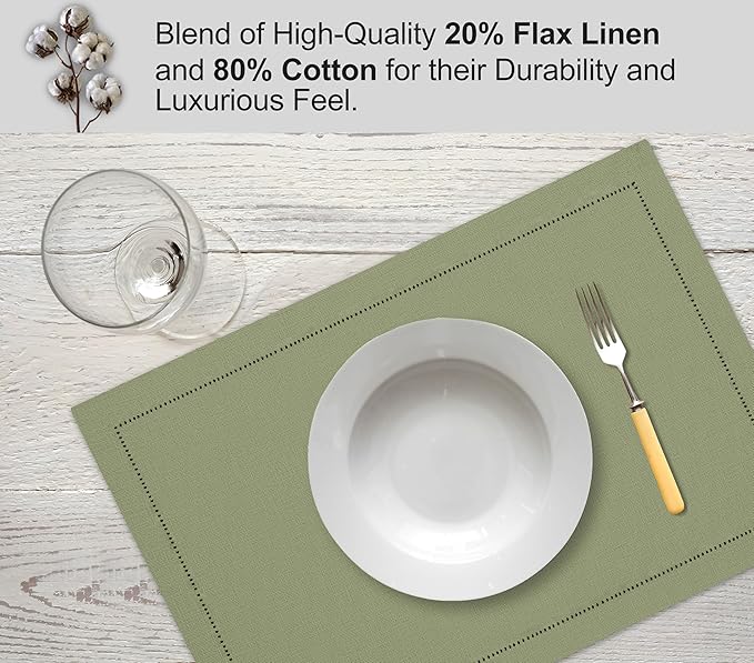 Ruvanti Linen Placemats Set of 6-13x19 Inch, Classic Hemstitch, Heat Resistant Machine Washable Place Mats, Soft & Elegant- Perfect for Christmas, Thanksgiving, Weddings, Dinner - Martini Olive
