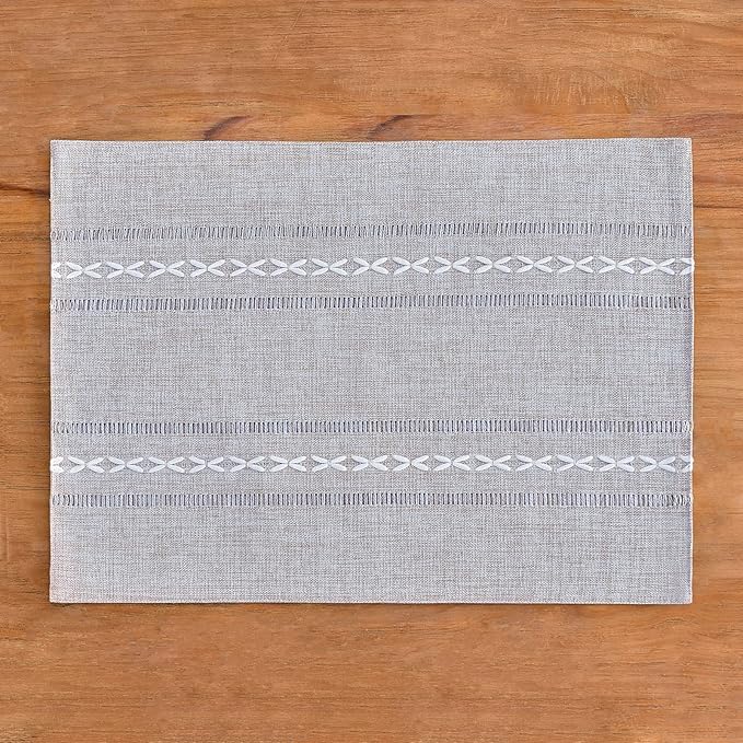Wracra Cotton Linen Placemats, 12 x 18 Inch Set of 4 Fete Placemats Rustic Hemstitch Place Mats for Kitchen Table and Heat Resistant-Grey