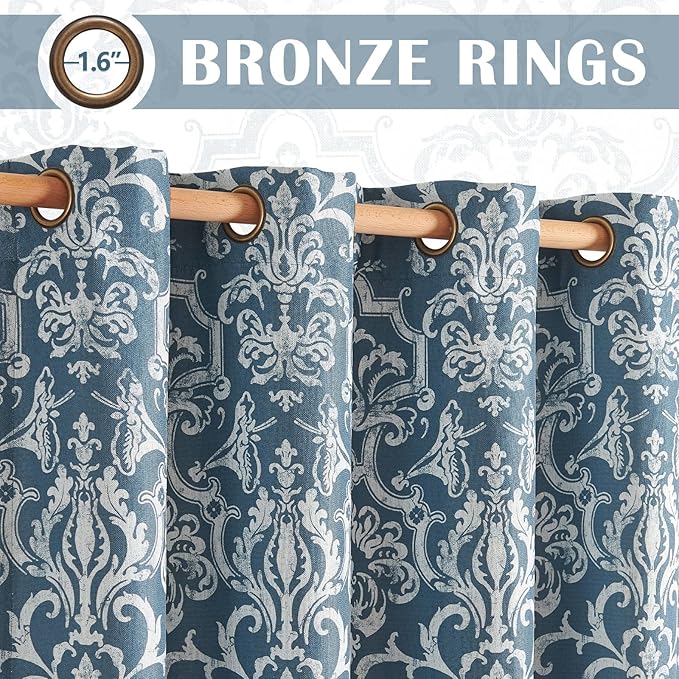 jinchan Blackout Curtains for Bedroom Blue Damask Patterned Curtains 84 Inch Length for Living Room Linen Vintage Drapes Medallion Window Treatments Grommet Top 2 Panels Set