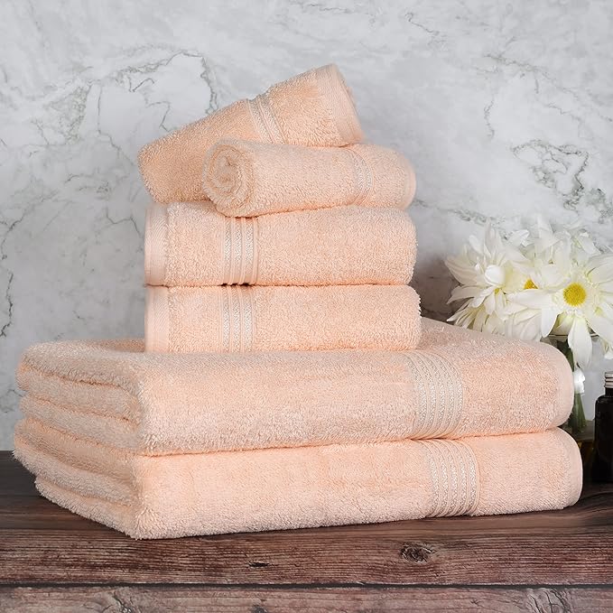 Superior Egyptian Cotton 6-Piece Towel Set, Bathroom Essentials, Towels For Bathroom, Apartment, Airbnb, Guest Bath, Face, Hand, Bath Towels, Washcloths, Absorbent, Fast Drying, Peach