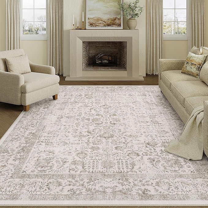 Light Brown Area Rug 6x9 Machine Washable Vintage Living Room Distressed Non Slip Carpet Traditional Indoor Bedroom Retro Floral Accent Throw Large Rug for Office Kitchen Dining Room