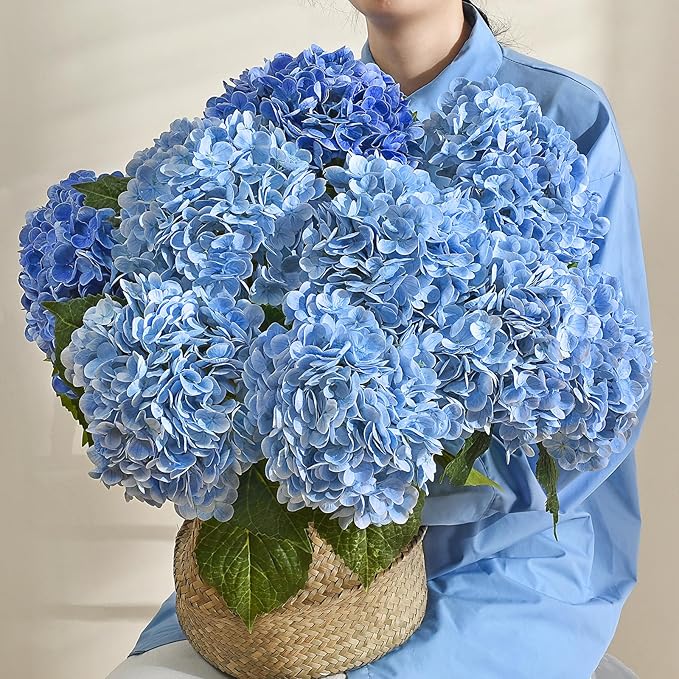 MARTINE MALL 4Pcs 21in Hydrangea Artificial Flowers, Latex Real Touch Hydrangeas Lifelike Large Hydrangea Flowers for Home Decor Party Arrangements Wedding Bouquets Centerpieces (Blue)