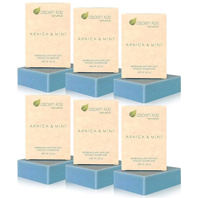 Aspen Kay Naturals Handmade Arnica & Mint Soap. Vegan, Cold processed - Olive, Shea Butter, Coconut, Essential, And Palm Oil. All Skin Types & Sensitive Skin, Made in the USA (6 Pack)