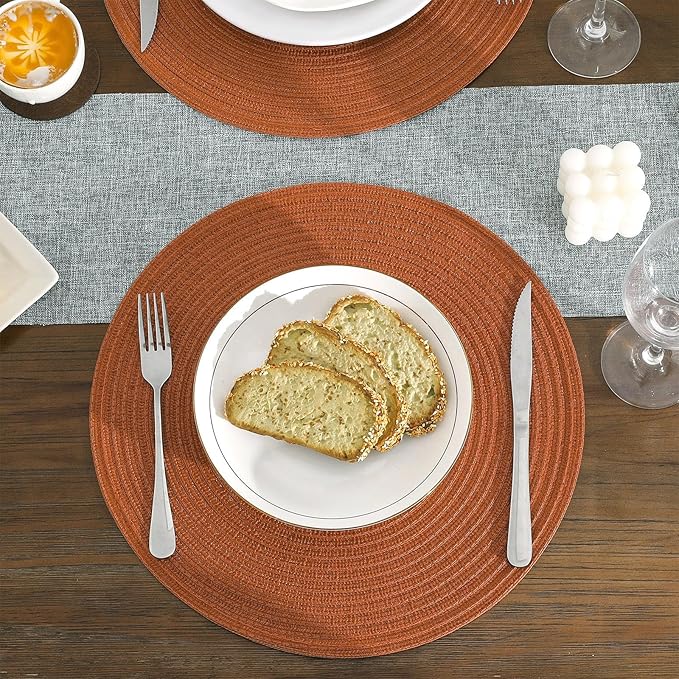 SHACOS Round Placemats Set of 4 for Dining Table 15 inch Round Braided Fall Placemats Washable Kitchen Table Mats Home Decor, Dark Orange