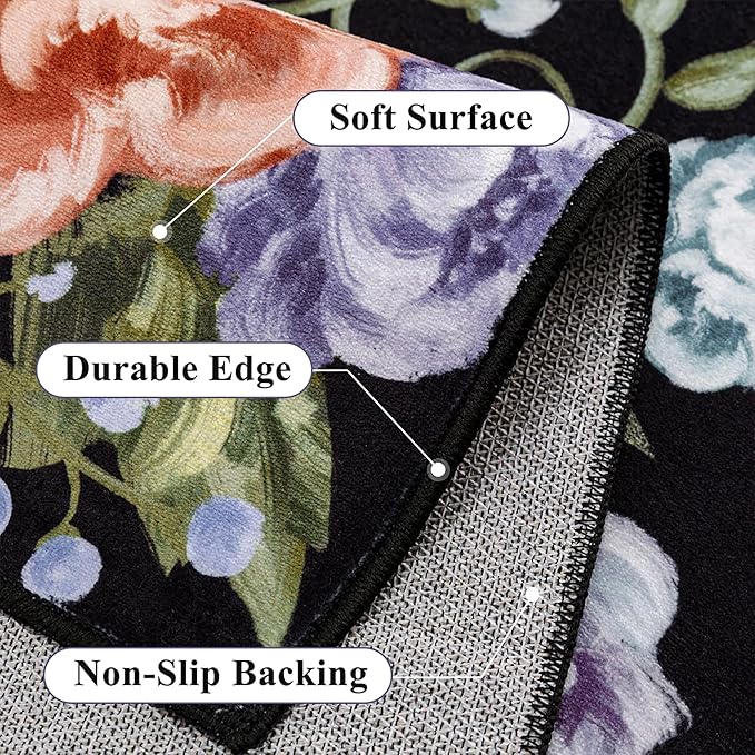 Black Area Rug 5x7 Floral Living Room Indoor Non Slip Bedroom Large Boho Carpet Washable Low Pile Soft Accent Rug for Office Dining Room Farmhouse