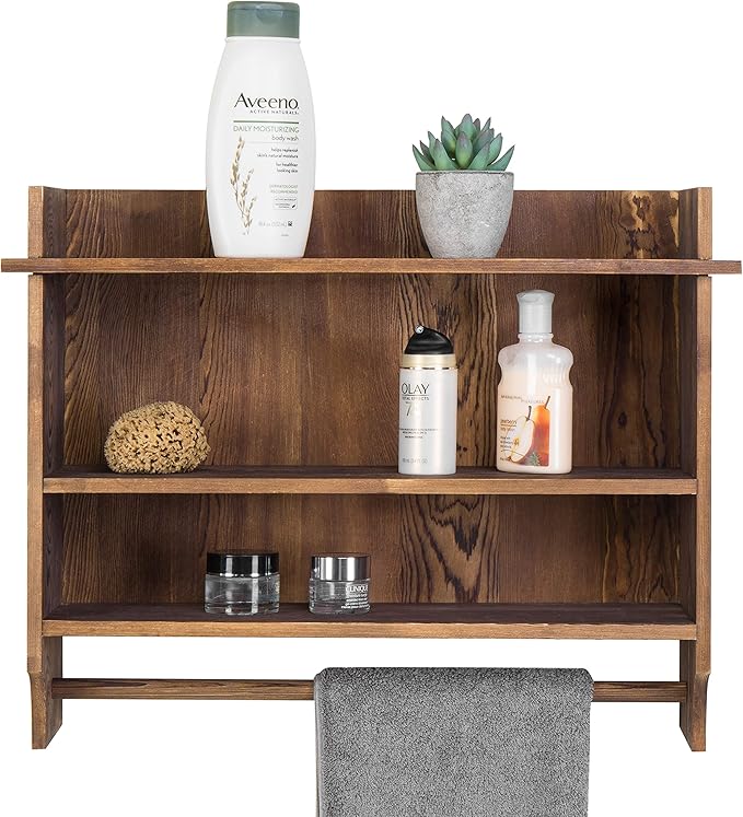 MyGift 3 Tier Wall Mounted Rustic Burnt Solid Wood Bathroom Storage Shelves, Wooden Floating Shelf Toilet Paper Holder Rack with 23 Inch Wide Towel Hanging Bar