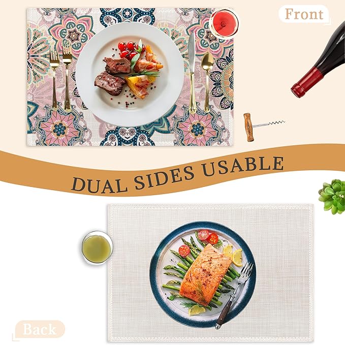 Spring Summer Floral Placemats Set of 6,Washable Heat Resistant 12×18 Inch Linen Table Mats Blooming Flowers Mandala Place Mats for Party Outdoor Dining