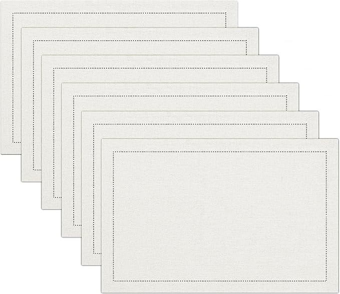 Ruvanti Linen Placemats Set of 6-13x19 Inch, Classic Hemstitch, Heat Resistant Machine Washable Place Mats, Soft & Elegant- Perfect for Christmas, Thanksgiving, Easter, Weddings, Dinner - Ivory