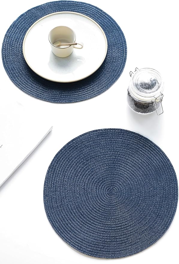 Floroom 15 Inch Round Braided Placemats Set of 4, Washable Heat Resistant Cotton Polyester Circle Place Mats for Kitchen Dining Table - Navy Blue