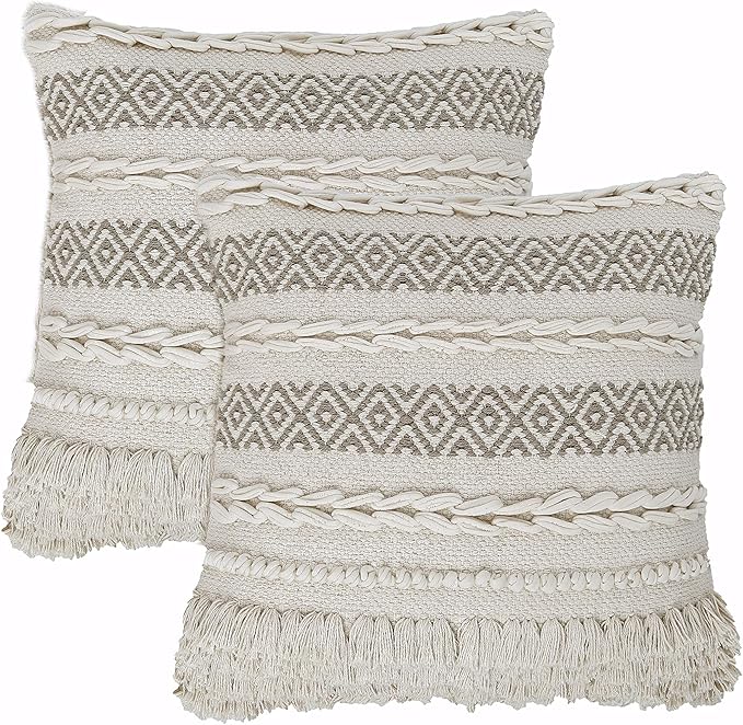 REDEARTH · Boho Textured Throw Pillow Cushion Covers - Woven Tufted Decorative Farmhouse Cases Set for Couch - Sofa - Farmhouse - Chair - Dining - Patio - 100% Cotton (18x18 ; Natural) Pack of 2