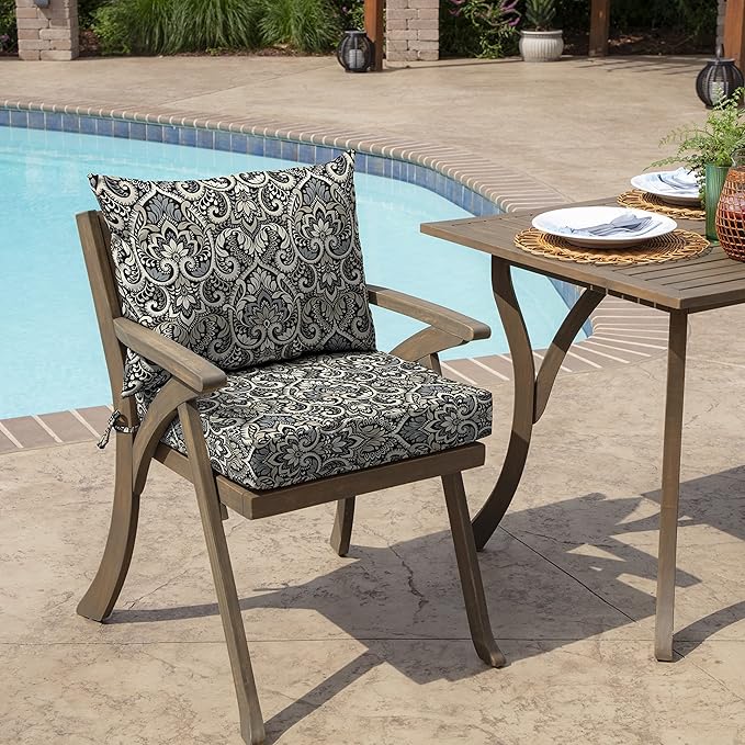 Arden Outdoor Dining Chair Cushion, 21 x 21, Rain-Proof, Fade Resistant 21 x 21, Black Aurora Damask