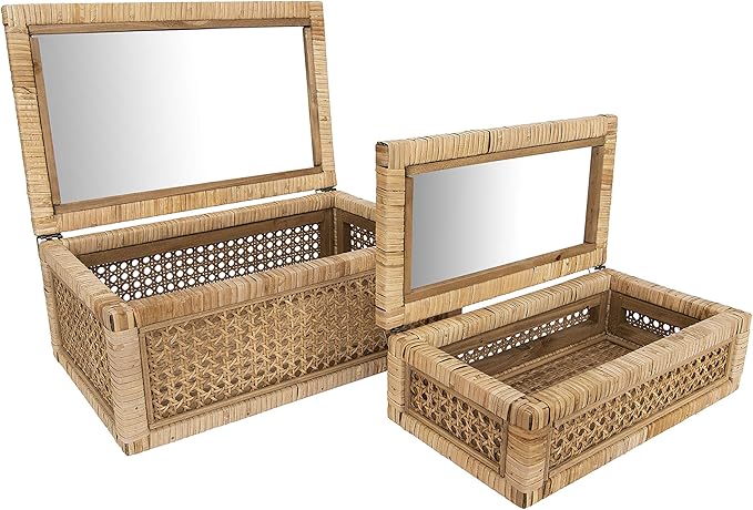 Creative Co-Op Modern Decorative Rectangle Woven Rattan and Wood Display Boxes with Glass Top, Set of 2 Sizes, Natural Finish
