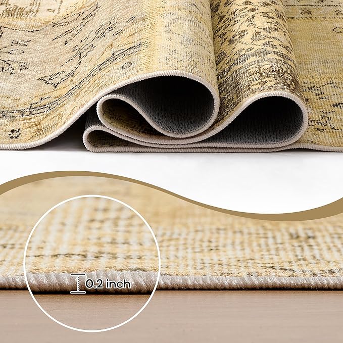 Boho Tribal Area Rug 5x7 for Living Room,Neutral Geometric Aztec Floral Botanical Washable Vintage Rustic Earth Tone Farmhouse Area Rugs for Bedroom Dining Room,Light Tan Beige and Brown Yellow