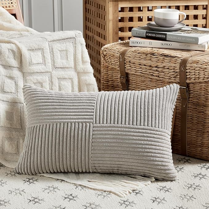 Fancy Homi 2 Packs Neutral Grey Long Lumbar Decorative Throw Pillow Covers 16x24 Inch for Couch Bed Sofa, Rustic Farmhouse Boho Home Decor, Soft Striped Corduroy Rectangle Accent Cushion Case 40x60 cm