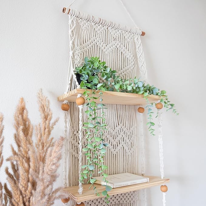 SnugLife Macrame Wall Hanging Shelf - 3 Tier Wall Plant Hanger Shelves with Handmade Woven Rope - Boho Shelves Organizer for Kitchen, Bathroom, Home Storage, Floating Plant Shelf (Pine Wood)