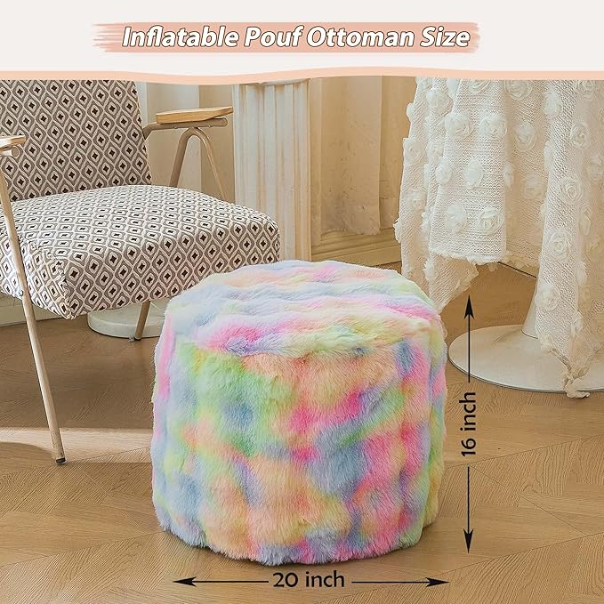 LIFEREVO Faux Rabbit Fur Round Inflatable Pouf Ottoman, 20" X 16" Waffle Bubble Floor Poufs Foot Stool Rest Anti-Slip Living Room Bedroom, Tie Dye Furry Foldable Ottoman Seat Home Decor, Rainbow