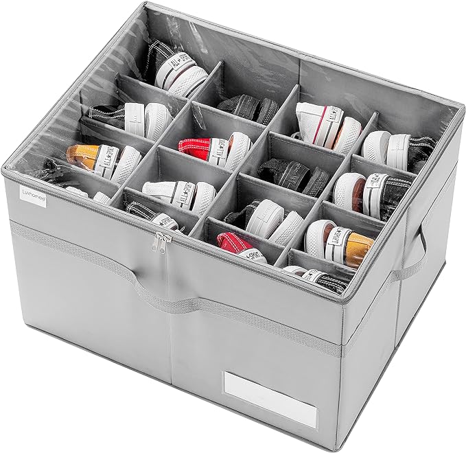 Shoe Organizer for Closet, Fits 16 Pairs, Large Shoe Box Storage Containers, Clear Foldable Shoe Storage Bins w/Bottom Support, Space Saving Shoes Holder w/Reinforced Handles, Gray