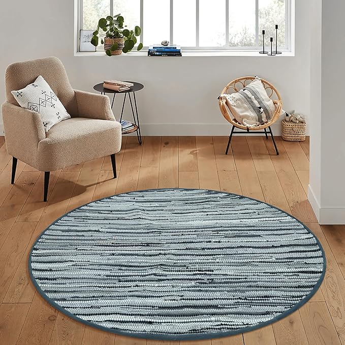 Area Rugs 4Ft Round Charcoal Cotton Rug Farmhouse Handwoven for Bedroom, Bathroom,Living Room | Boho Reversible Washable RagRug Circle Carpet for Kitchen, Patio, Kids Playroom, Nursery