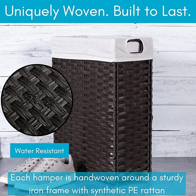 BIRDROCK HOME 22" Laundry Hamper with Removable Liner Bag - Handwoven PE Rattan Clothes Basket - Compact & Collapsible Laundry Storage for Bedroom & Bathroom - Perfect for Small Spaces - Slim, Brown