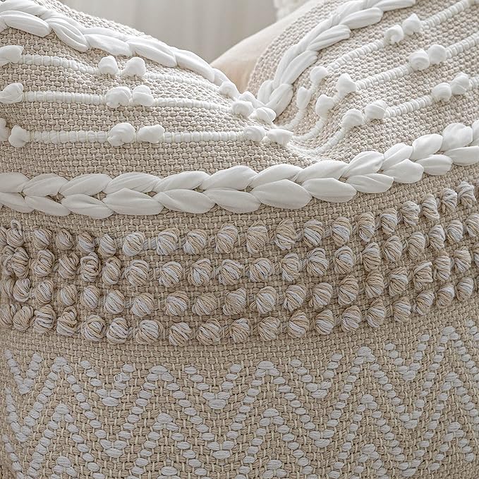 Boho Throw Pillow Cover 22X22, Large Decorative Accent Pillow for Couch, Square Woven Textured Pillowcase, Modern Boho Pillow for Bed, Bohemian Pillow Cover, Cream White (Pack of 1)