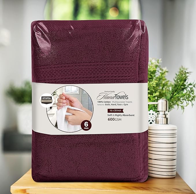Utopia Towels 6 Pack Premium Hand Towels Set, 16 by 28 inches, 100% Ring Spun Cotton, Ultra Soft and Highly Absorbent 600GSM Towels for Bathroom, Gym, Shower, Hotel, and Spa, Burgundy