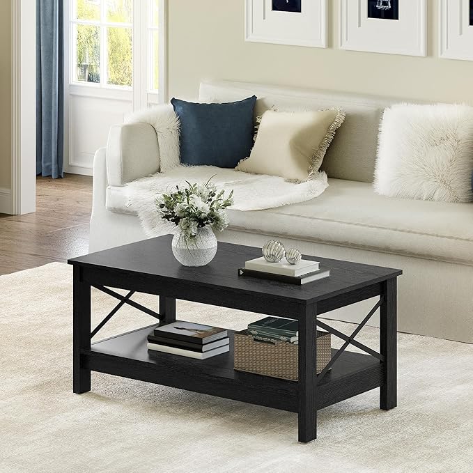 YITAHOME Coffee Table for Living Room, Modern Farmhouse Coffee Table with Storage, 2-Tier Center Table for Living Room Wood Living Room Table Accent Cocktail with Sturdy Frame, Black