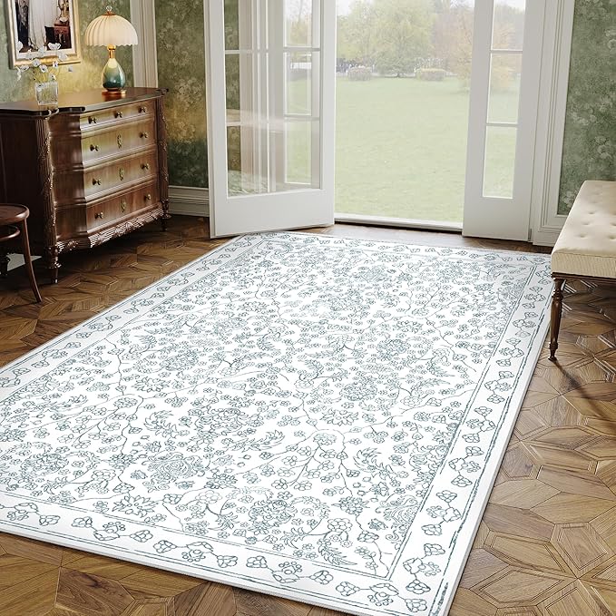 Floral Area Rug 8x10 Washable Blue Carpet Non Slip Large Boho Thin Farmhouse Throw Accent Rug for Living Room Bedroom Office Kitchen Bathroom