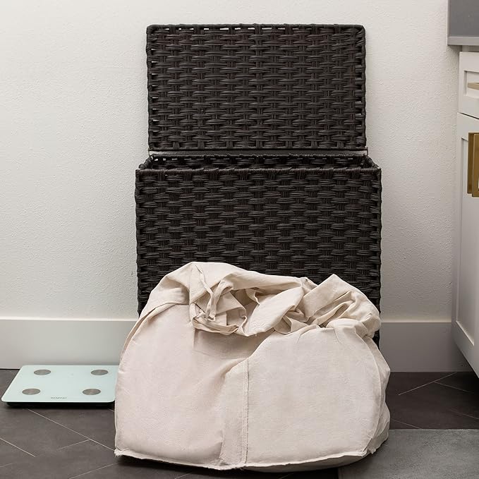 BIRDROCK HOME Laundry Hamper with Lid - Hand Woven PE Rattan Divided Sorter with Removable Liner Bags - Large Collapsible & Foldable Bin Clothes Basket Organizer for Bedroom & Bathroom - Double, Brown