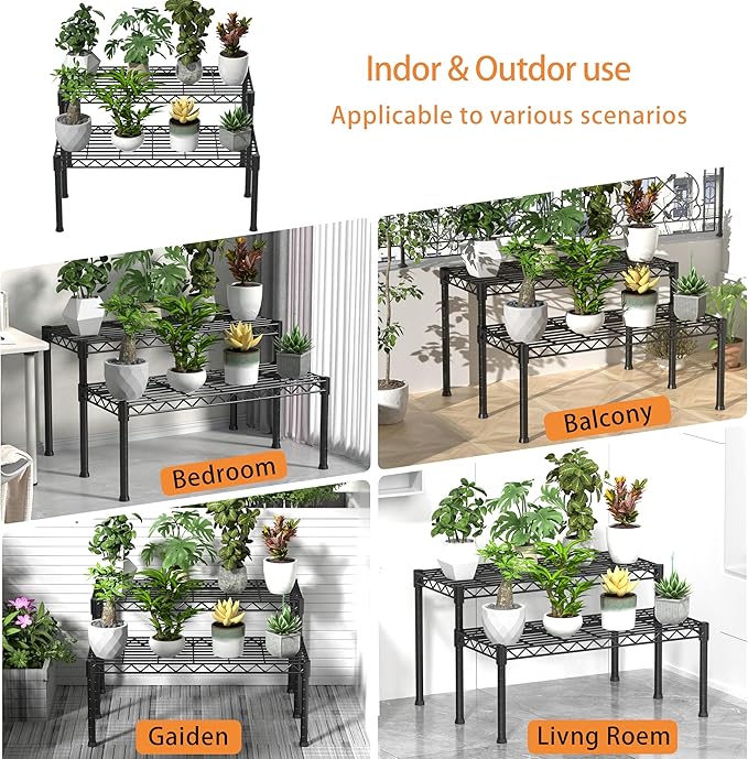 Xiofio 2 Tier Ladder Potted Multiple Plants for Indoor and Outdoor Plant Stands, Adjustable Shelves and Multifunctional Plant Racks suitable for living room balconies and gardens,(Black)